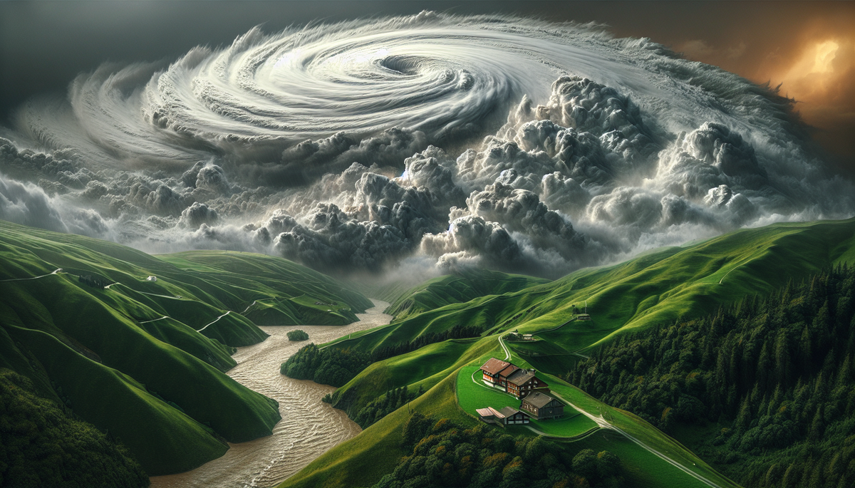 a huge hurricane over a house sitting on top of a rolling grassy mountaintop and a river at the bottom of the mountain flooding higher